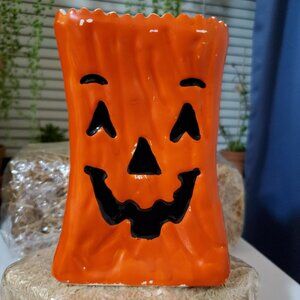 Vintage 90’s Ceramic Pumpkin Jack-o’-Lantern Vase Resembling Trick or Treat Bag